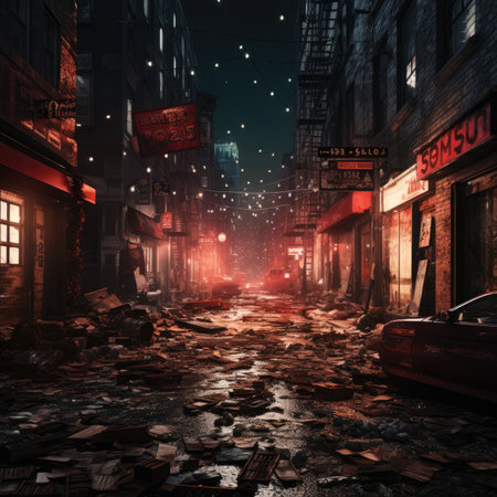 City street at night with lights and falling down.の素材