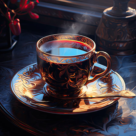 Cup of tea on a black background.の素材