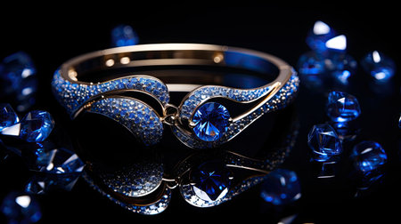 Jewelry ring with blue crystals on a black background, close-upの素材