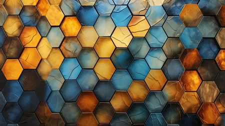 abstract geometric hexagon pattern background in yellow, blue and brown colorsの素材