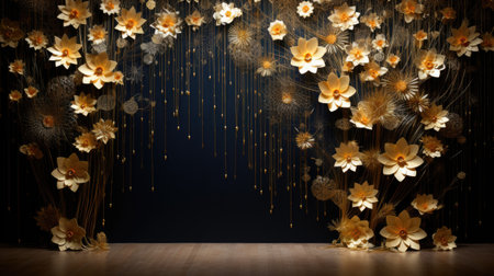 Daffodil flowers with golden glitter on dark background.の素材