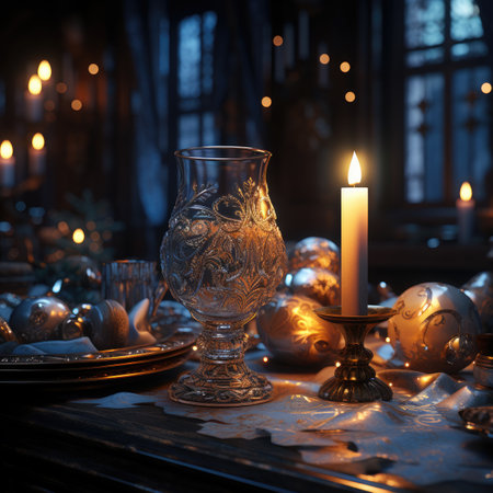 Vintage Christmas table setting with candles and golden ornaments. Selective focus.の素材