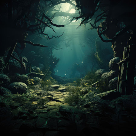 Underwater scene with a stone path leading to a cave.の素材