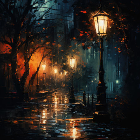 a street lamp in the center of city at nightの素材