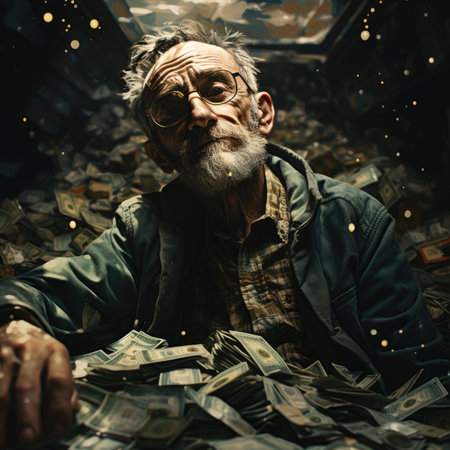 Portrait of an old beggar with money. Concept of poverty.の素材