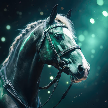 portrait of a beautiful bay stallion on a background of night skyの素材