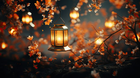 Vintage lanterns in blooming garden on dark background. Ramadan Kareem conceptの素材