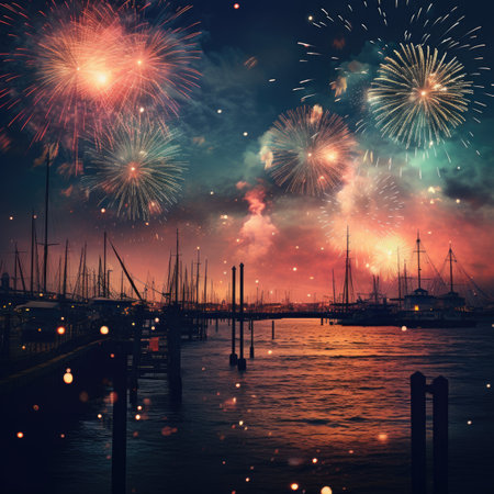 Fireworks over the marina and yachts in the harborの素材