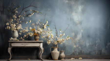 Still life with white flowers in vases on the background of blue wallの素材