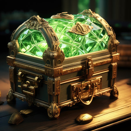 Treasure chest with green potion on the table.の素材