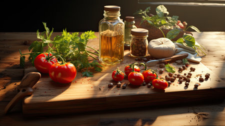 Still life of fresh tomatoes, herbs and spices on a wooden tableの素材