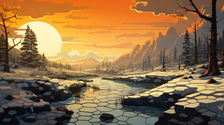 Fantasy landscape with mountains and river.の素材