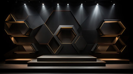 a black podium illuminated by spotlights in a dark roomの素材