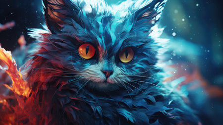 Fantasy cat with red eyes. Portrait of a cat.の素材