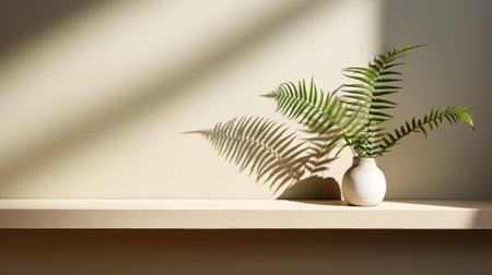 Green fern leaves in white vase on wooden shelf with sunlightの素材