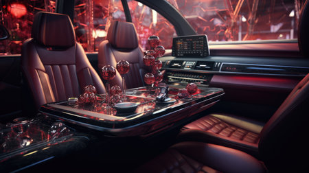 Interior view of a luxury car with red leather seats.の素材