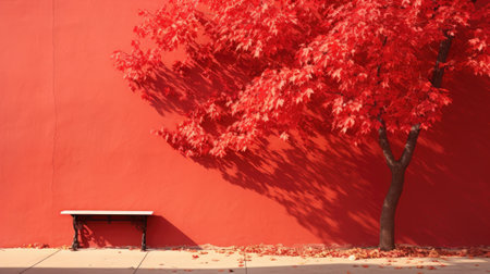 Red maple tree and bench in front of a red wall with shadowsの素材