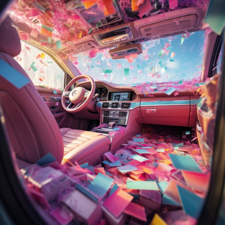 Car inside with a lot of debris. Collage.の素材