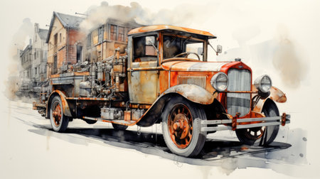 Watercolor Vintage old truck in the city.の素材