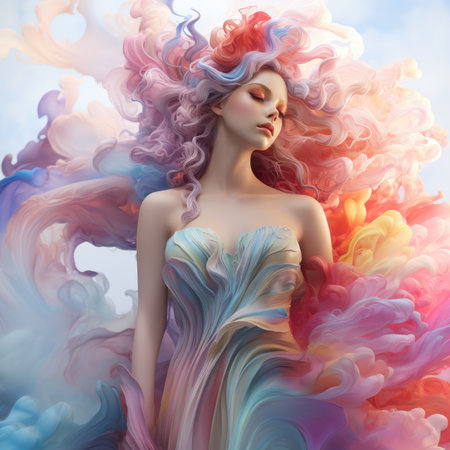 a beautiful woman with pink hair and colorful smokeの素材