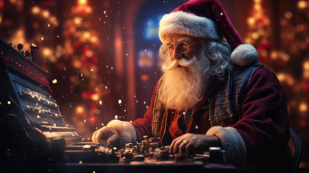 Santa Claus typing on a keyboard in his workshop. Christmas and New Year concept.の素材