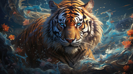 Tiger with water and flowers.の素材