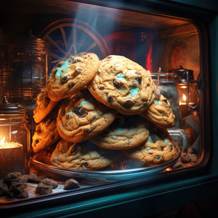 Chocolate chip cookies in a glass oven.の素材