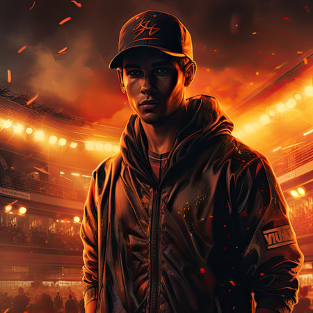 Portrait of a handsome man in a baseball cap on the background of a stadium.の素材