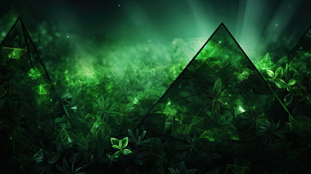 abstract green background with geometric shapes and glowing lightsの素材