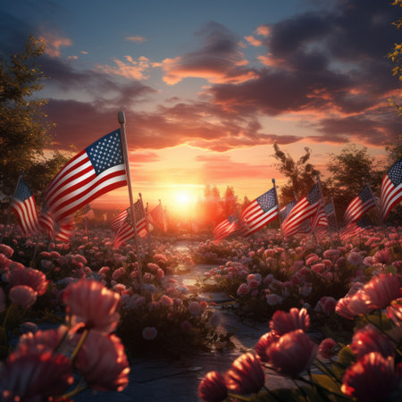 American flag on flower field at sunset.の素材