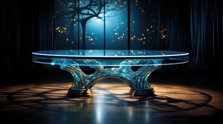 Round table in dark room with window and tree.の素材