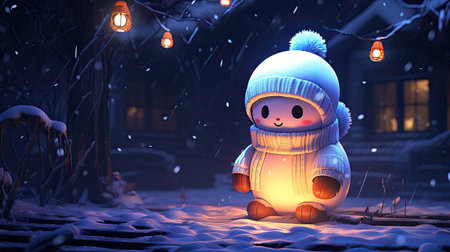 Snowman in the city at night with lanterns.の素材