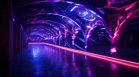 Long corridor with neon lights in the dark, night club interior backgroundの素材