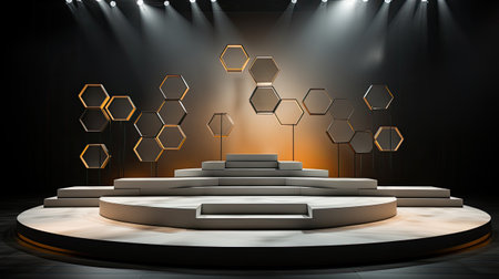 Stage podium with lighting, Stage Podium Scene with for Award Ceremony on black Background,の素材