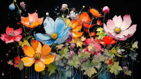 Colorful flower bouquet on black background. Floral background.の素材