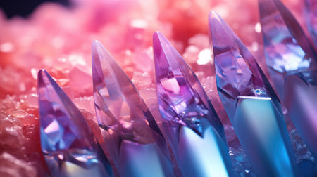 Macro shot of crystals of amethyst on a pink background.の素材