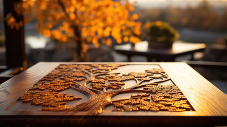 Wooden table in a cafe on the background of the autumn landscapeの素材