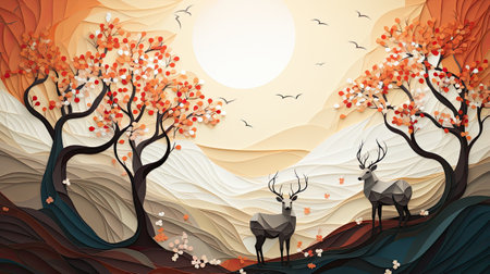 Autumn background with trees and reindeer.の素材