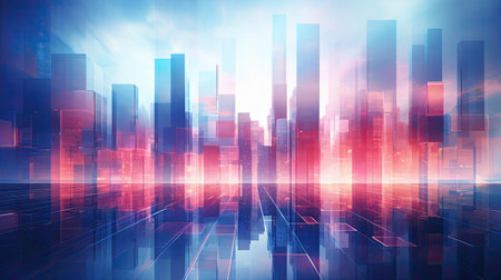 abstract city background with skyscrapers in blue and red colorsの素材