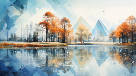 Abstract nature background. Autumn landscape with lake, trees and mountains.の素材