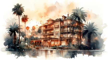Watercolor painting of a building on the water, with palm trees in the background.の素材
