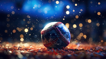 Baseball ball on baseball field with bokeh lights.の素材