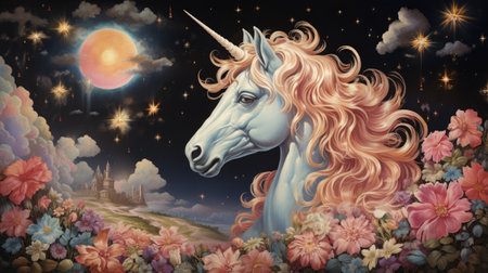 Unicorn in the sky with stars and clouds. Fairy tale.の素材