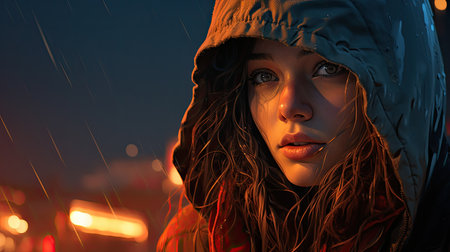Portrait of beautiful young woman in raincoat and hood at nightの素材