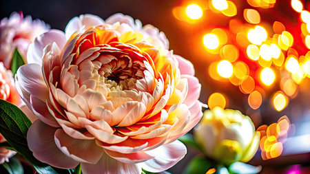 Beautiful peony flower on bokeh background, close upの素材