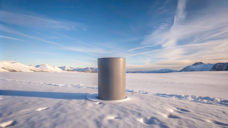 Stainless steel mug on a frozen lake in winter, Lofoten islands, Norwayの素材