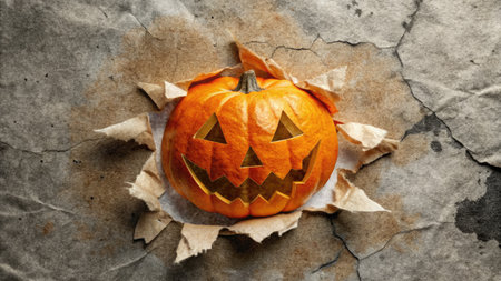 Halloween pumpkin head jack o lantern on crumpled paper backgroundの素材