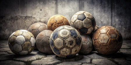 Group of old and dirty soccer balls in grunge concrete wall backgroundの素材