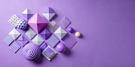 Colorful geometric shapes and balls on purple background, 3d renderingの素材