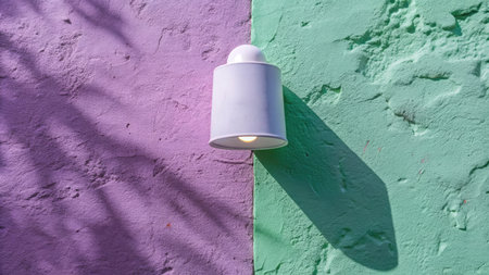 Vintage wall lamp on the colorful wall with shadow and sunlight.の素材